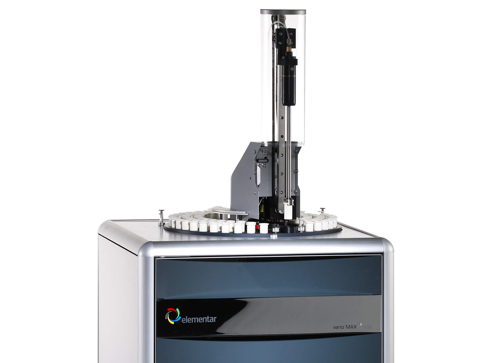 Gripper arm with crucible of the vario MAX cube organic elemental analyzer
